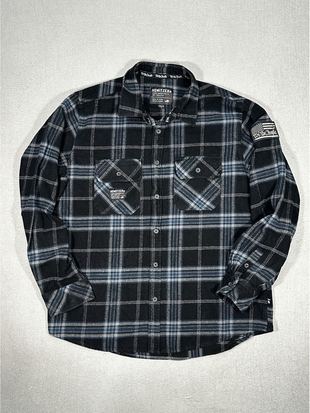 Howitzer Mens Large Flannel Shirt Black Gray Plaid Button Up Tactical USA